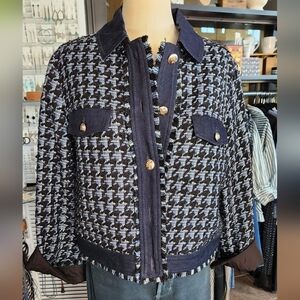 Ann Taylor Blue Woven and Denim Blazer with fringe trim